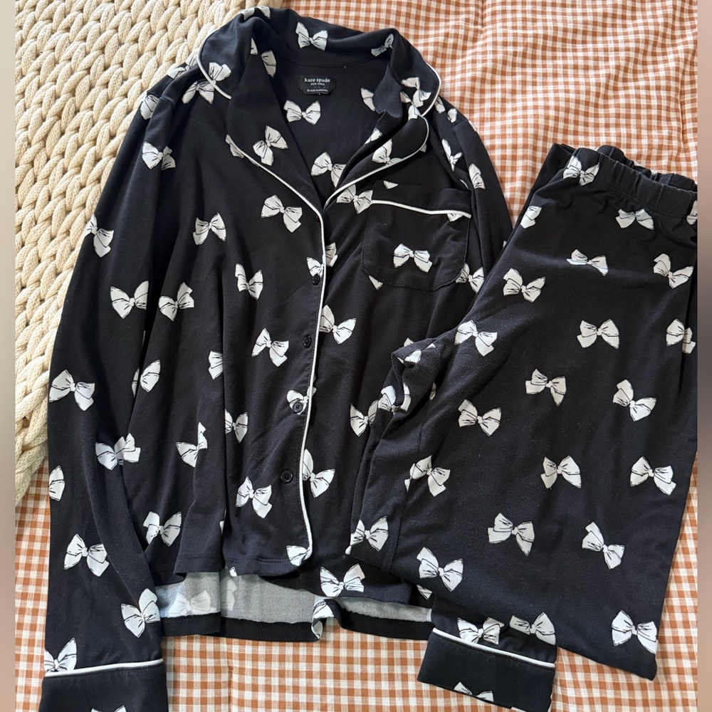 Kate Spade Black Pajama Set with White Bow Print